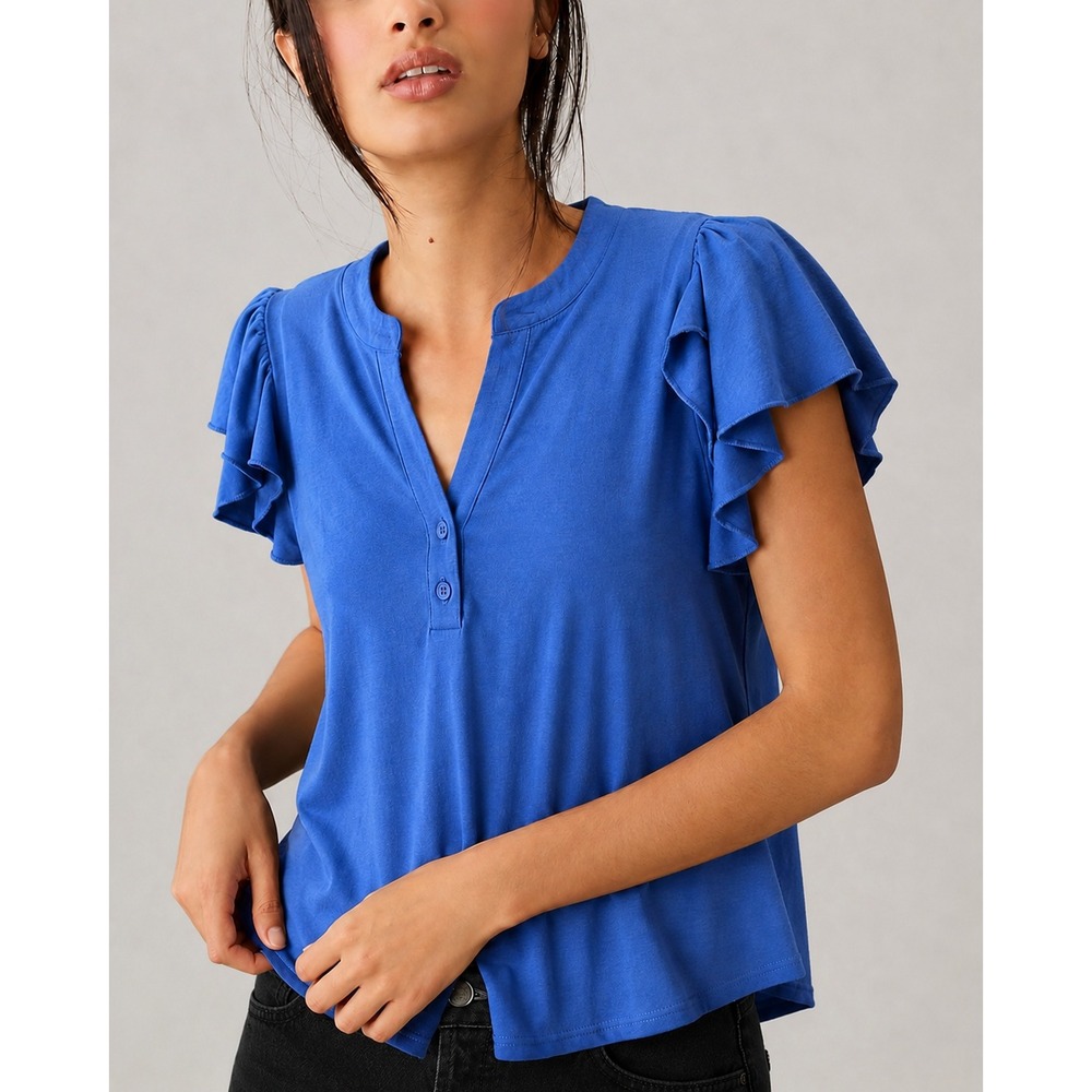 Anrabess Blue Flutter Sleeve‎ Split V-Neck Button Blouse Top Size Medium NEW